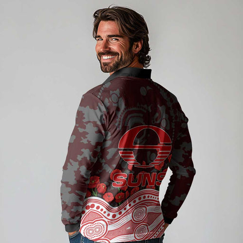 Gold Coast Suns ANZAC Day Long Sleeve Polo Shirt Indigenous Dot Art with Poppy Flower Tribute