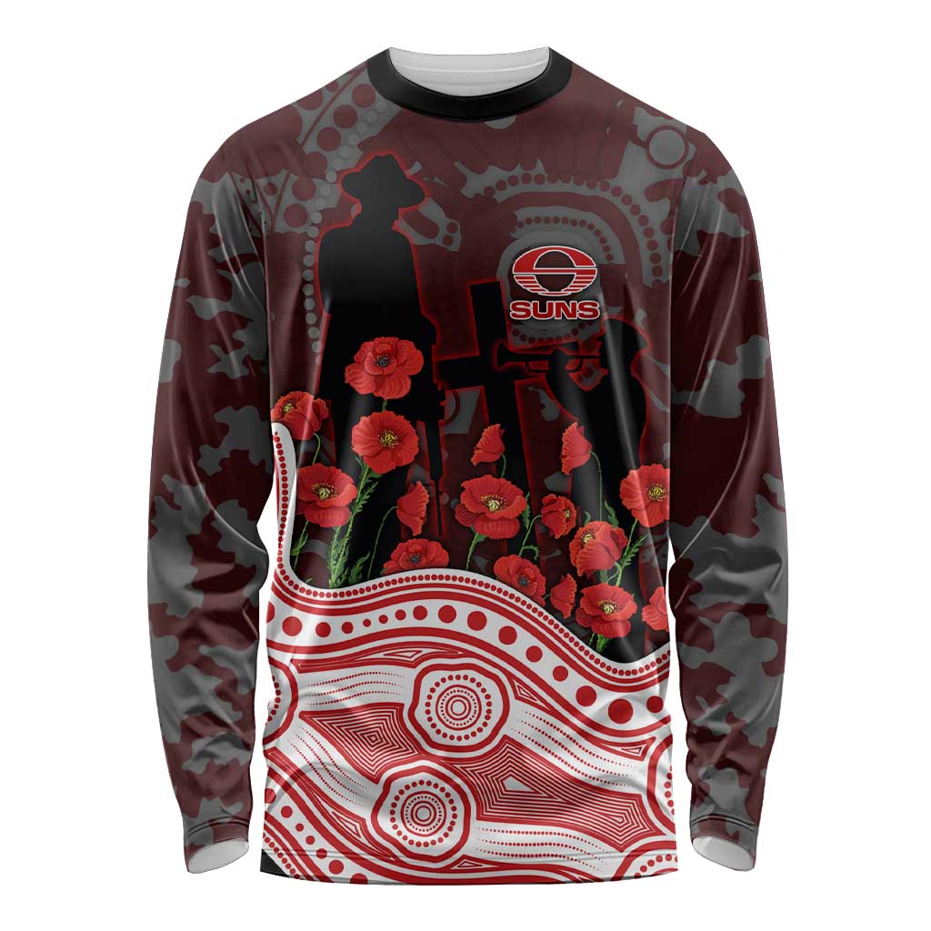 Gold Coast Suns ANZAC Day Long Sleeve Shirt Indigenous Dot Art with Poppy Flower Tribute