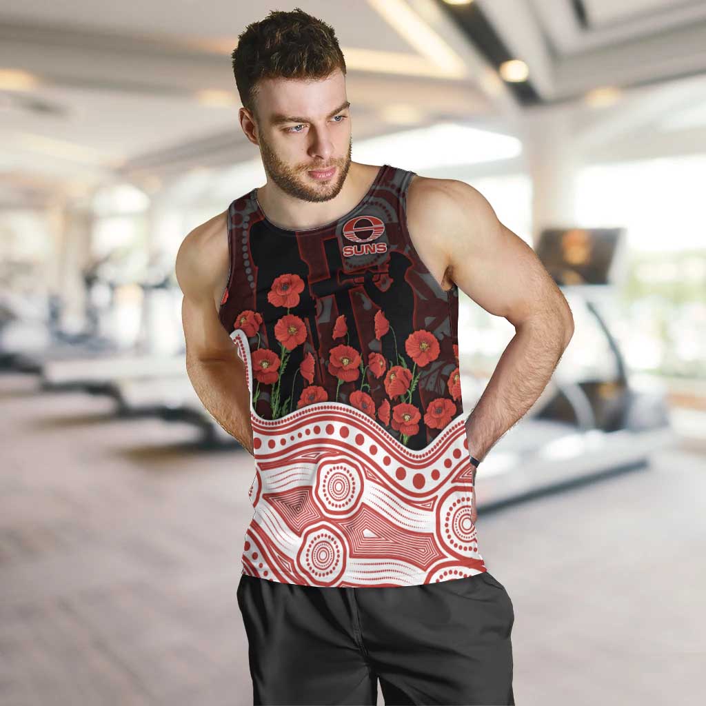 Gold Coast Suns ANZAC Day Men Tank Top Indigenous Dot Art with Poppy Flower Tribute