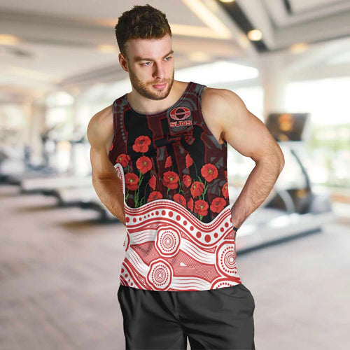 Gold Coast Suns ANZAC Day Men Tank Top Indigenous Dot Art with Poppy Flower Tribute