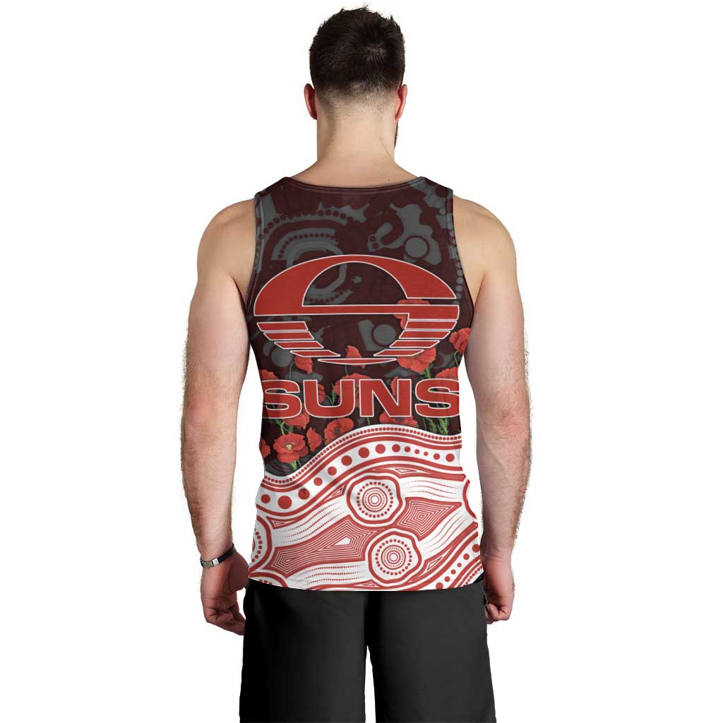 Gold Coast Suns ANZAC Day Men Tank Top Indigenous Dot Art with Poppy Flower Tribute