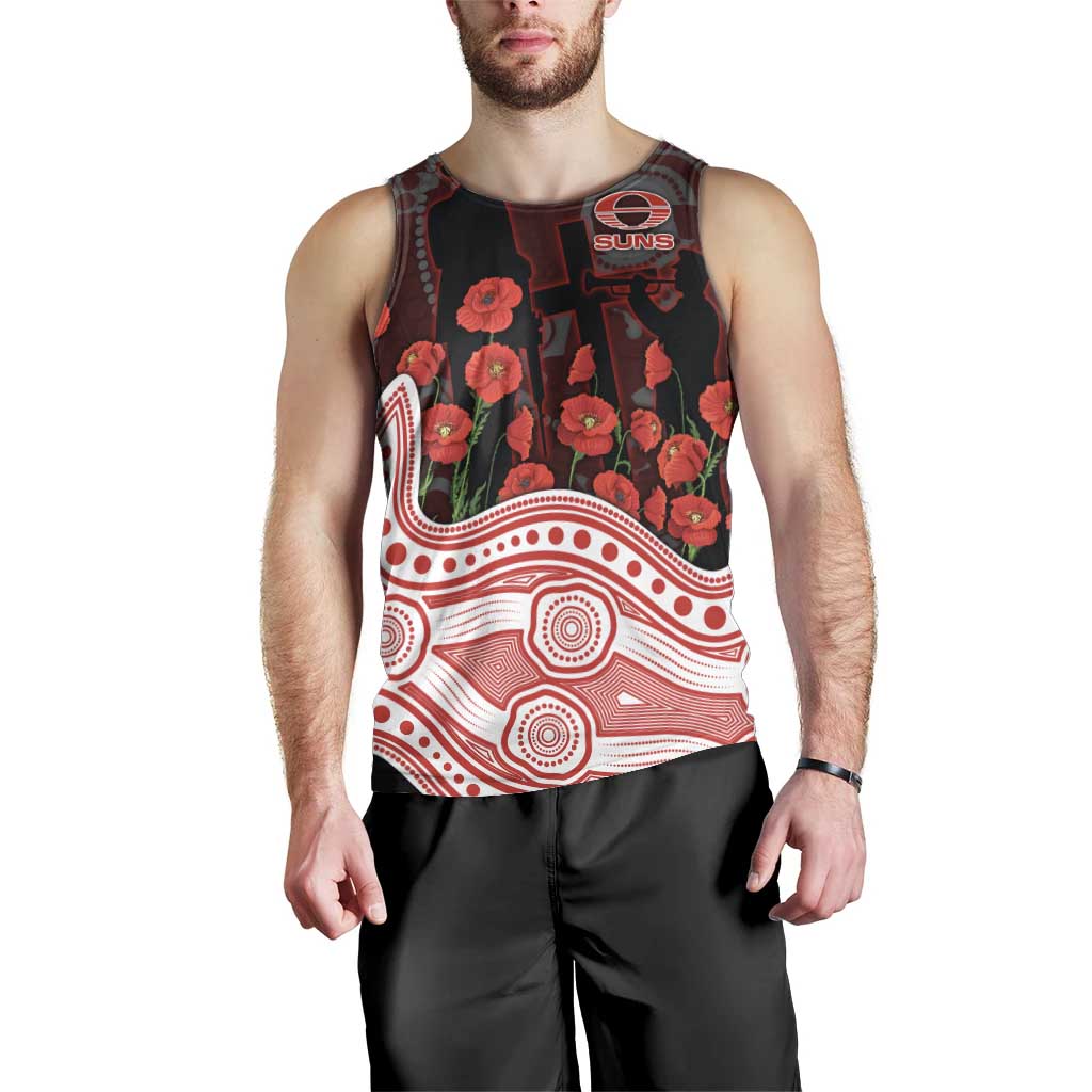 Gold Coast Suns ANZAC Day Men Tank Top Indigenous Dot Art with Poppy Flower Tribute