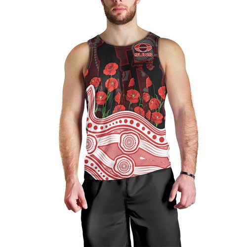 Gold Coast Suns ANZAC Day Men Tank Top Indigenous Dot Art with Poppy Flower Tribute