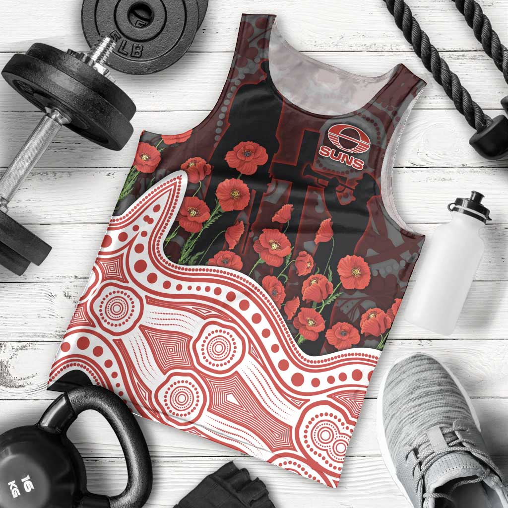 Gold Coast Suns ANZAC Day Men Tank Top Indigenous Dot Art with Poppy Flower Tribute