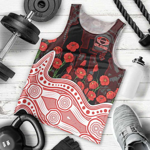 Gold Coast Suns ANZAC Day Men Tank Top Indigenous Dot Art with Poppy Flower Tribute