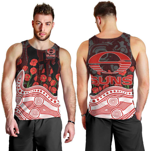 Gold Coast Suns ANZAC Day Men Tank Top Indigenous Dot Art with Poppy Flower Tribute