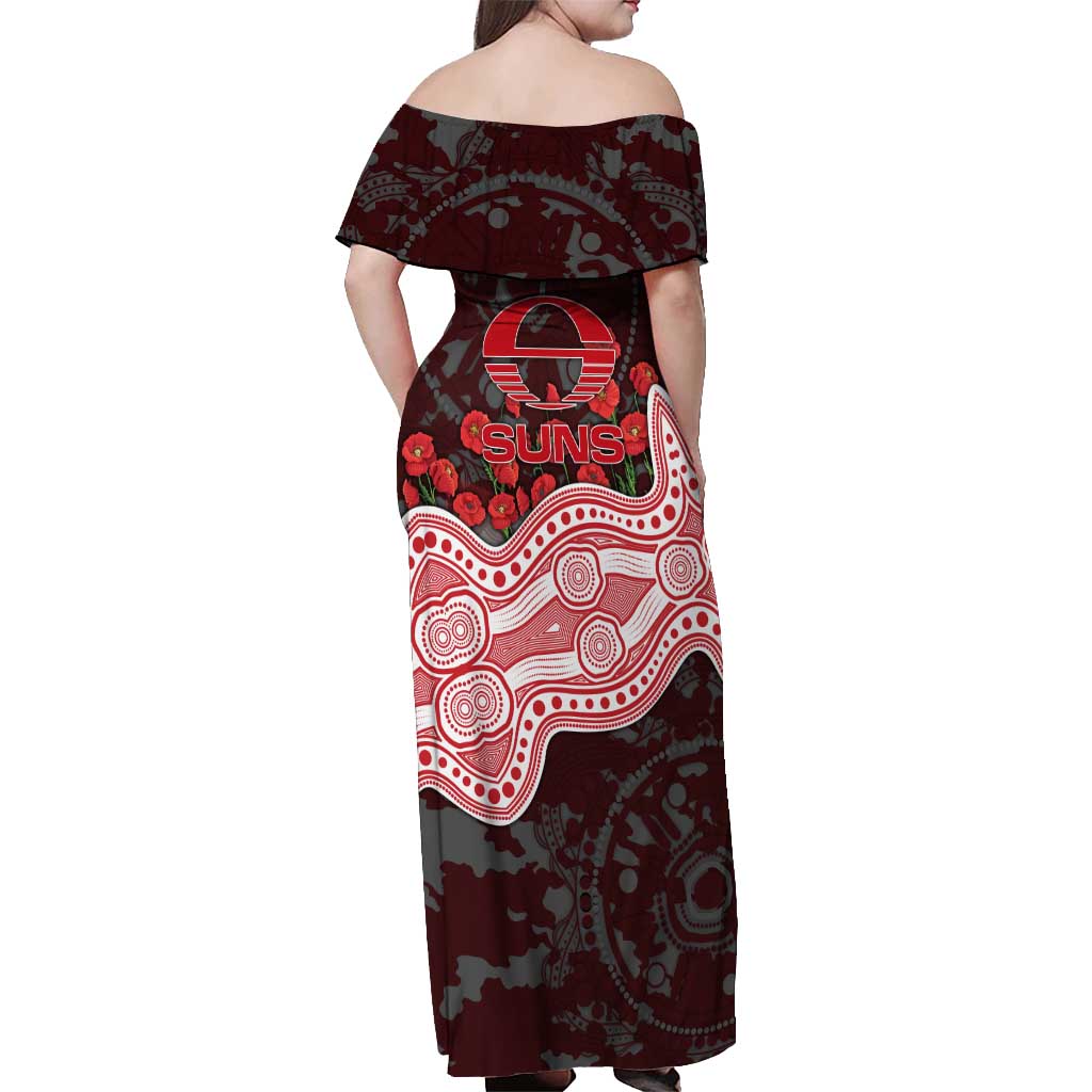 Gold Coast Suns ANZAC Day Off Shoulder Maxi Dress Indigenous Dot Art with Poppy Flower Tribute