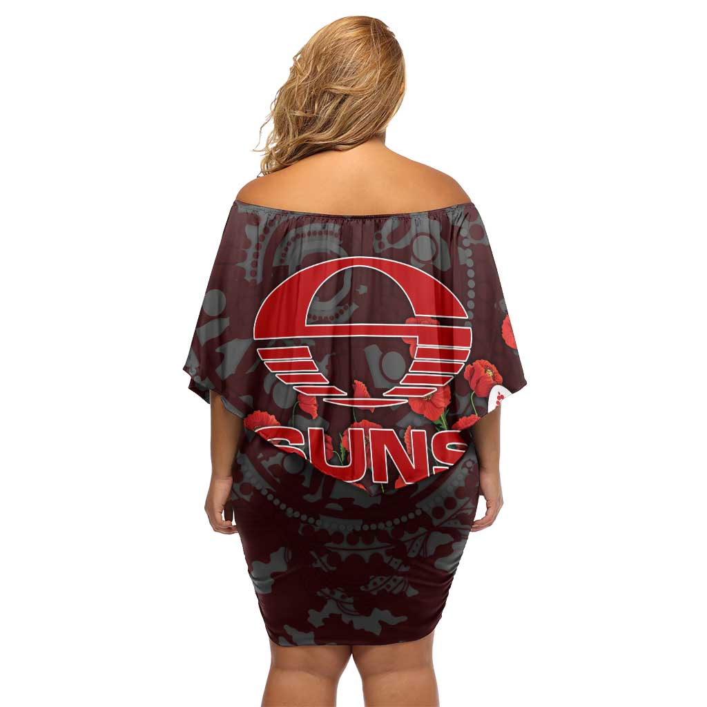 Gold Coast Suns ANZAC Day Off Shoulder Short Dress Indigenous Dot Art with Poppy Flower Tribute