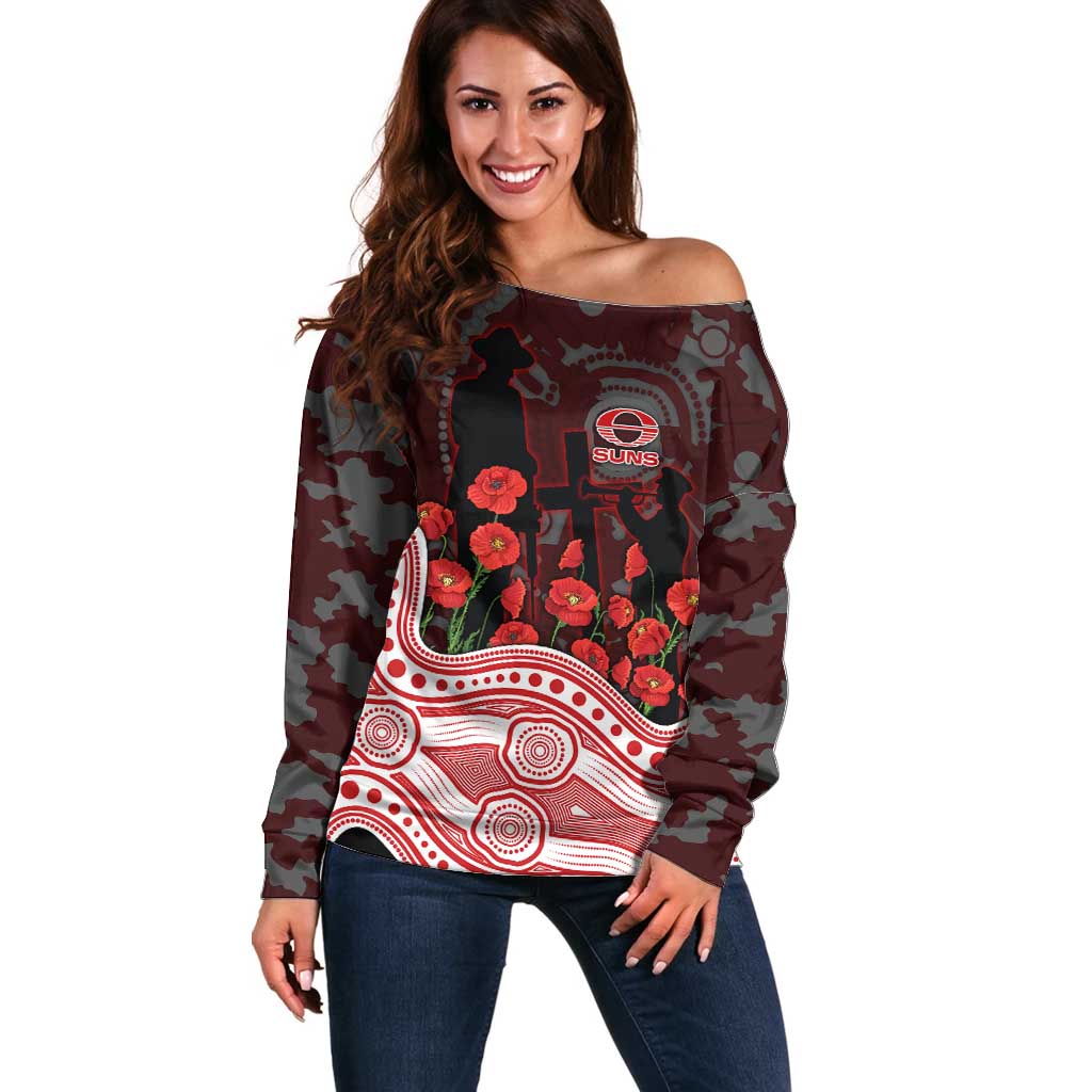 Gold Coast Suns ANZAC Day Off Shoulder Sweater Indigenous Dot Art with Poppy Flower Tribute