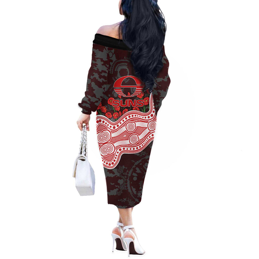 Gold Coast Suns ANZAC Day Off The Shoulder Long Sleeve Dress Indigenous Dot Art with Poppy Flower Tribute