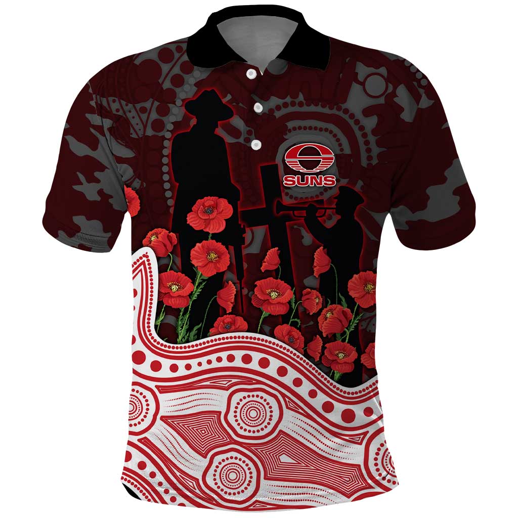 Gold Coast Suns ANZAC Day Polo Shirt Indigenous Dot Art with Poppy Flower Tribute