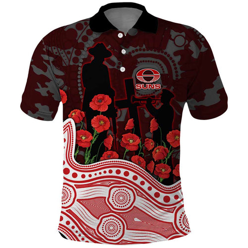 Gold Coast Suns ANZAC Day Polo Shirt Indigenous Dot Art with Poppy Flower Tribute