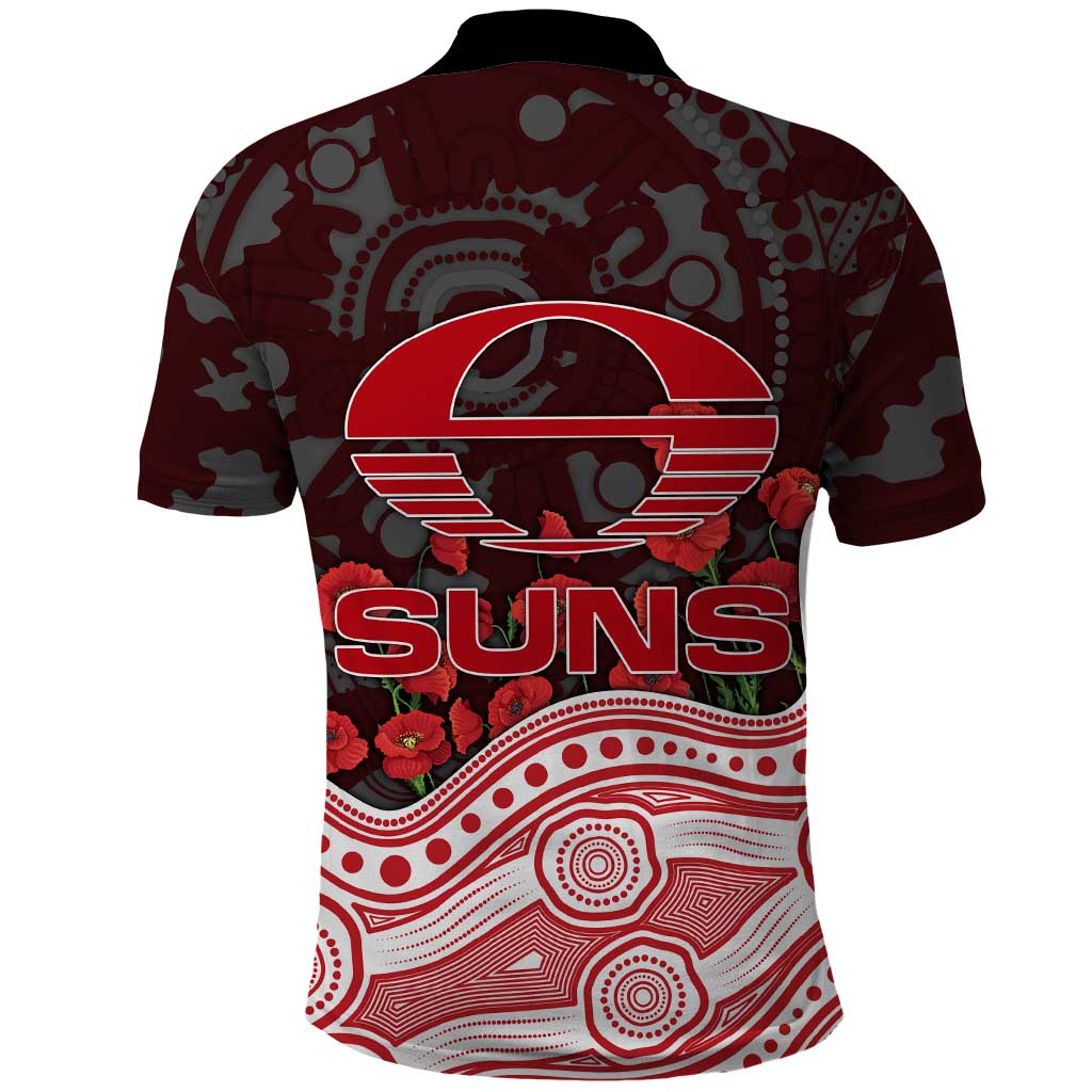 Gold Coast Suns ANZAC Day Polo Shirt Indigenous Dot Art with Poppy Flower Tribute