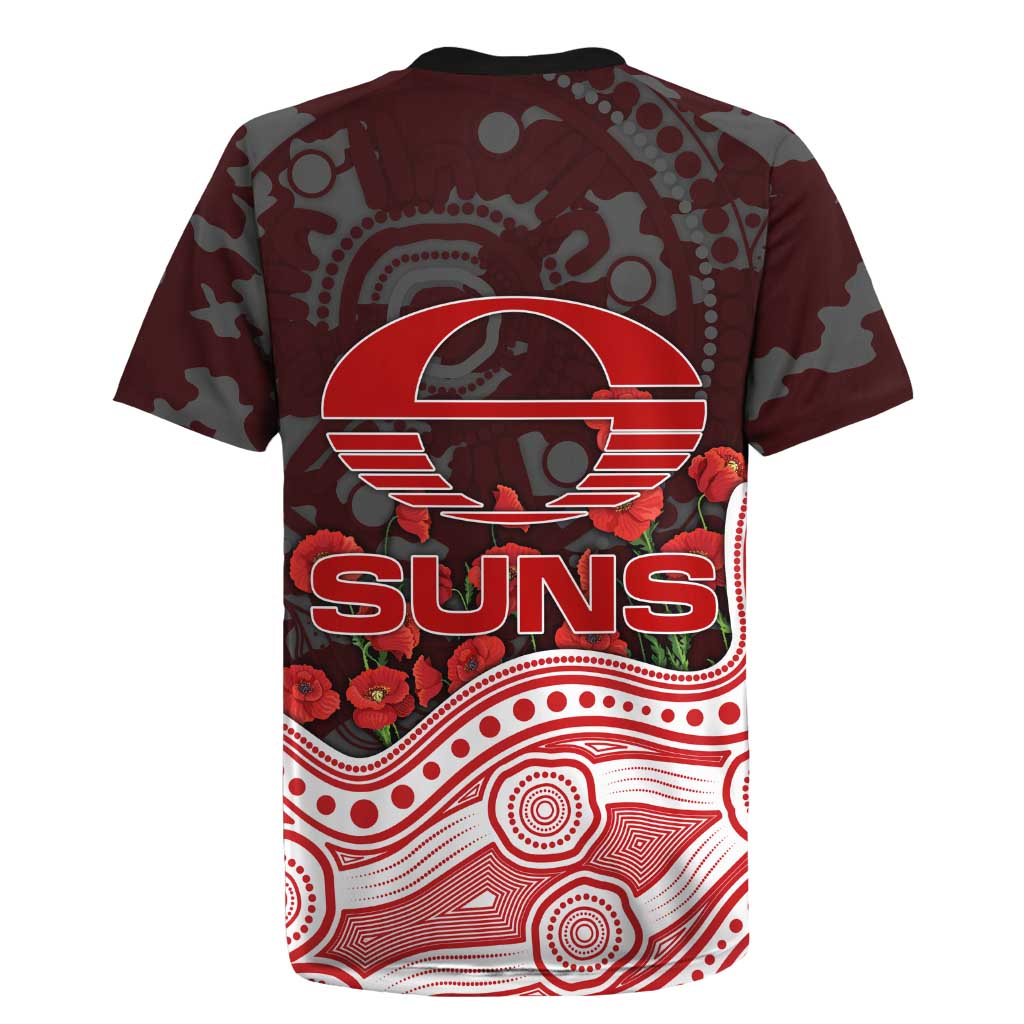 Gold Coast Suns ANZAC Day Rugby Jersey Indigenous Dot Art with Poppy Flower Tribute