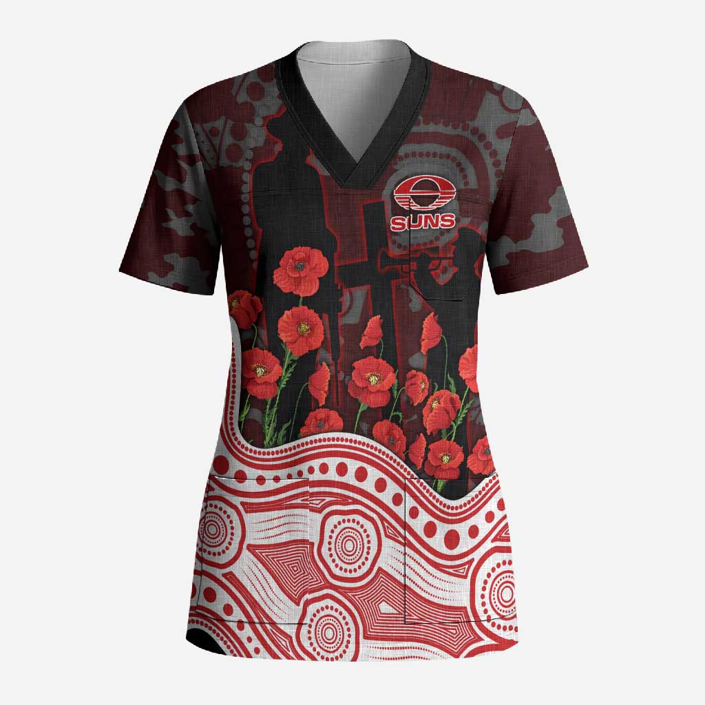 Gold Coast Suns ANZAC Day Scrub Top Indigenous Dot Art with Poppy Flower Tribute