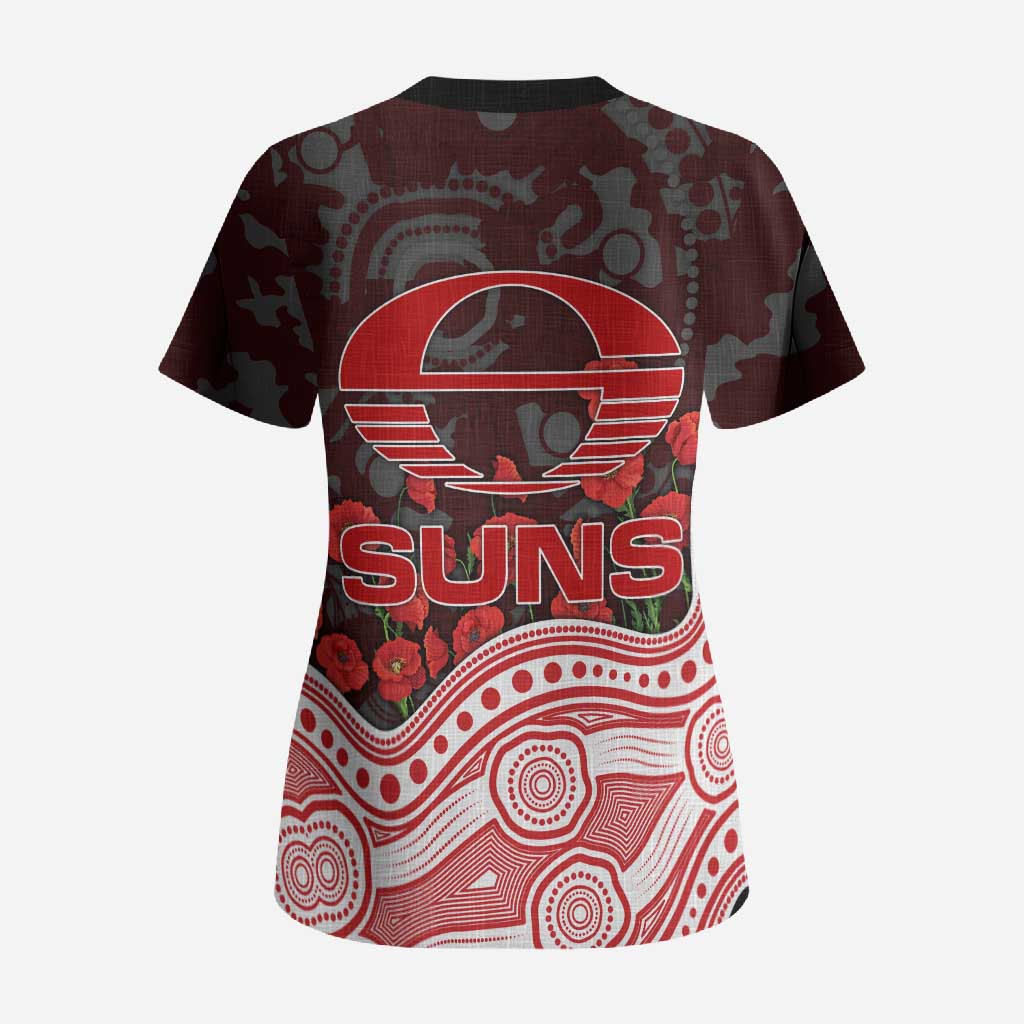 Gold Coast Suns ANZAC Day Scrub Top Indigenous Dot Art with Poppy Flower Tribute