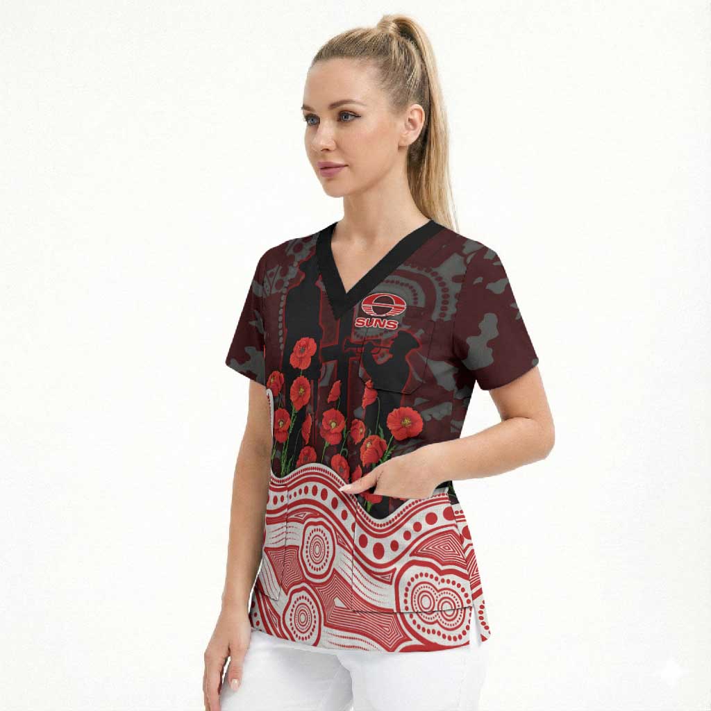 Gold Coast Suns ANZAC Day Scrub Top Indigenous Dot Art with Poppy Flower Tribute