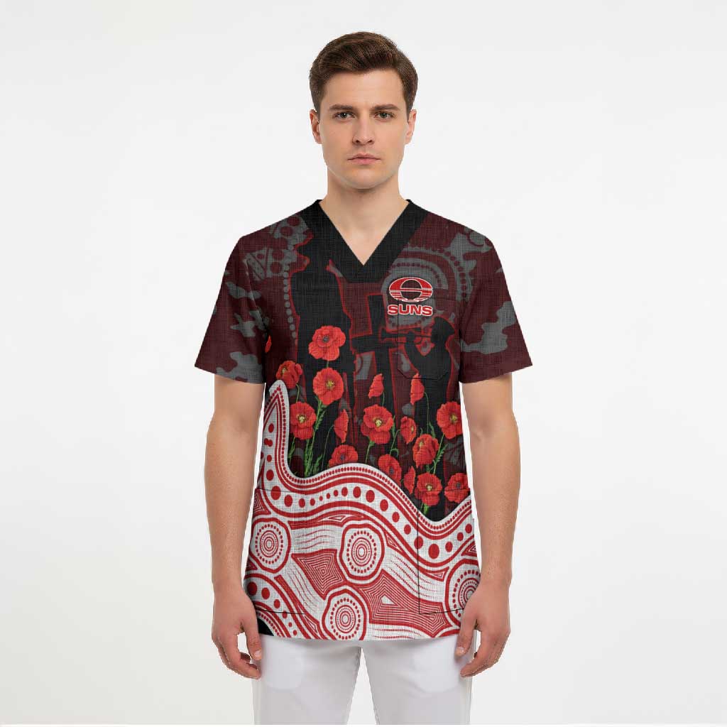 Gold Coast Suns ANZAC Day Scrub Top Indigenous Dot Art with Poppy Flower Tribute