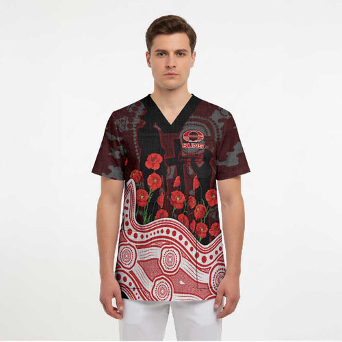 Gold Coast Suns ANZAC Day Scrub Top Indigenous Dot Art with Poppy Flower Tribute