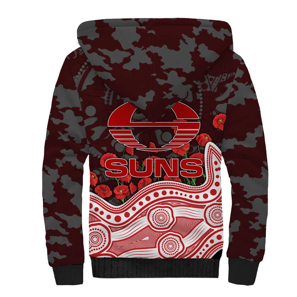 Gold Coast Suns ANZAC Day Sherpa Hoodie Indigenous Dot Art with Poppy Flower Tribute