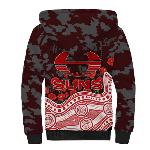 Gold Coast Suns ANZAC Day Sherpa Hoodie Indigenous Dot Art with Poppy Flower Tribute