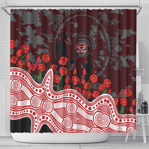Gold Coast Suns ANZAC Day Shower Curtain Indigenous Dot Art with Poppy Flower Tribute