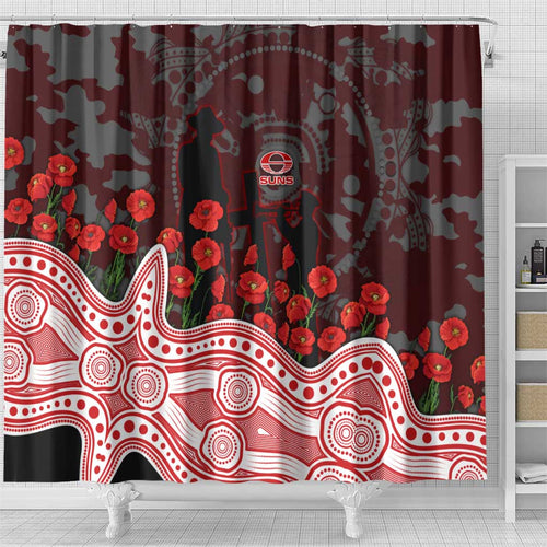 Gold Coast Suns ANZAC Day Shower Curtain Indigenous Dot Art with Poppy Flower Tribute