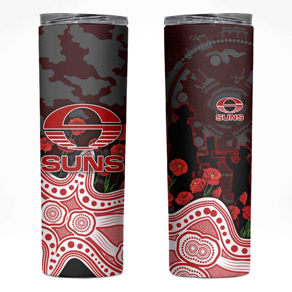 Gold Coast Suns ANZAC Day Skinny Tumbler Indigenous Dot Art with Poppy Flower Tribute