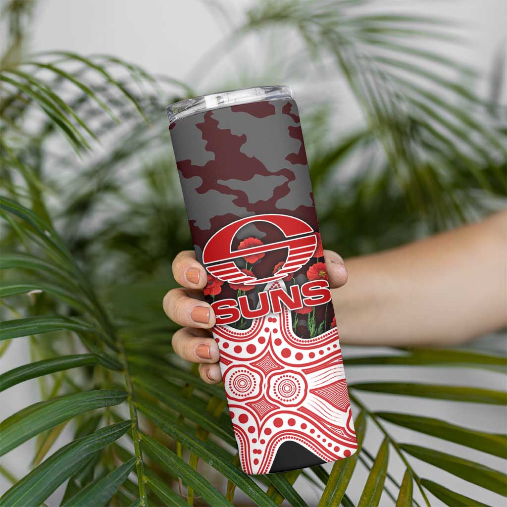 Gold Coast Suns ANZAC Day Skinny Tumbler Indigenous Dot Art with Poppy Flower Tribute