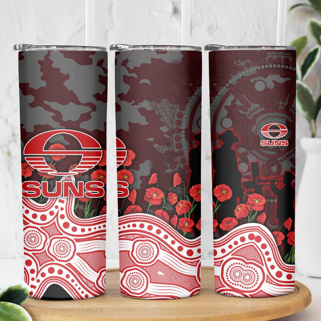 Gold Coast Suns ANZAC Day Skinny Tumbler Indigenous Dot Art with Poppy Flower Tribute