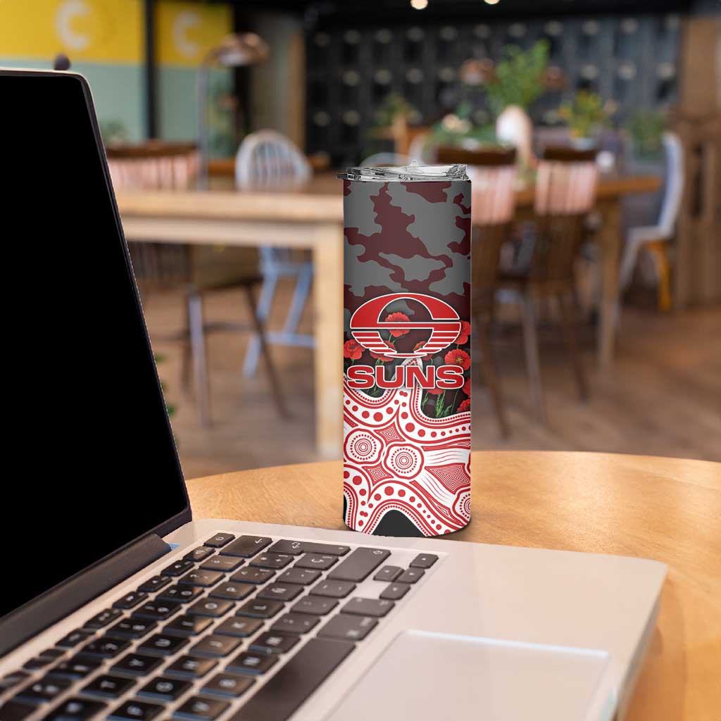 Gold Coast Suns ANZAC Day Skinny Tumbler Indigenous Dot Art with Poppy Flower Tribute