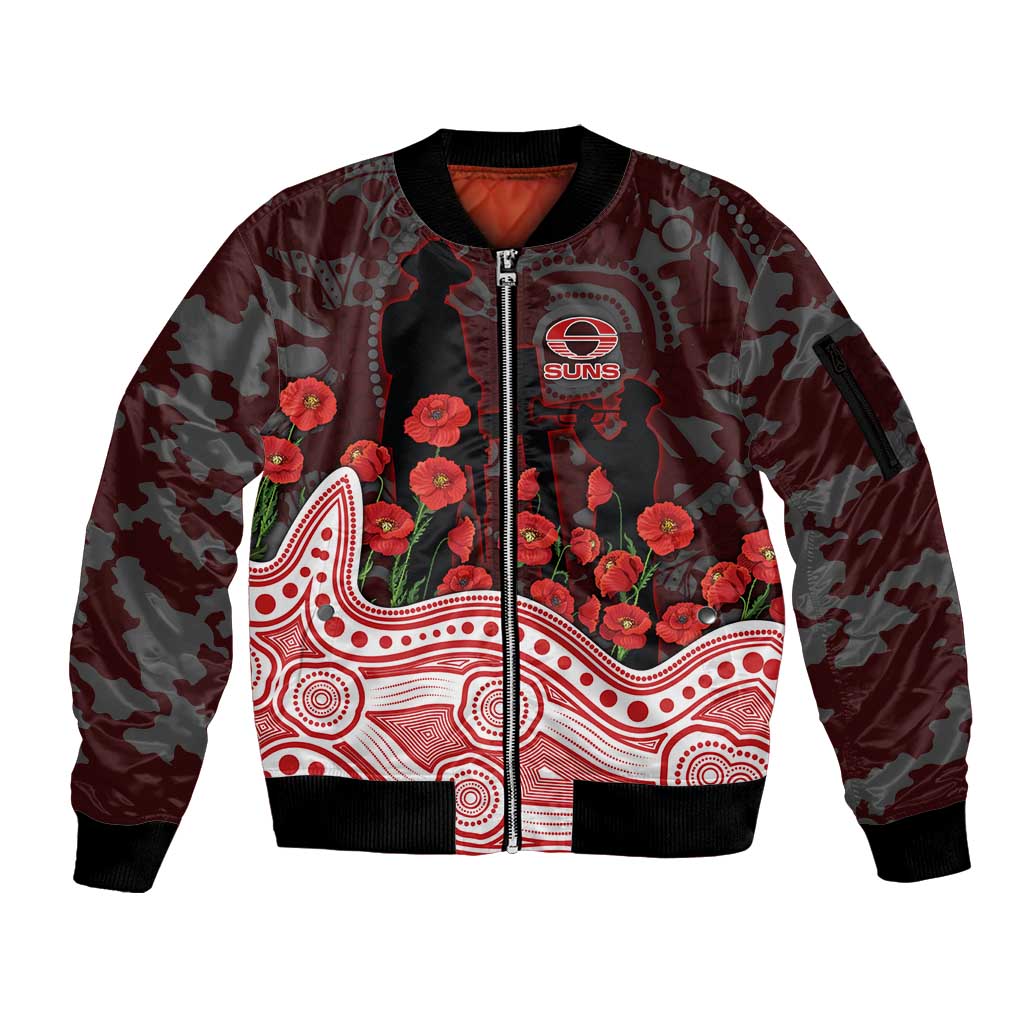 Gold Coast Suns ANZAC Day Sleeve Zip Bomber Jacket Indigenous Dot Art with Poppy Flower Tribute