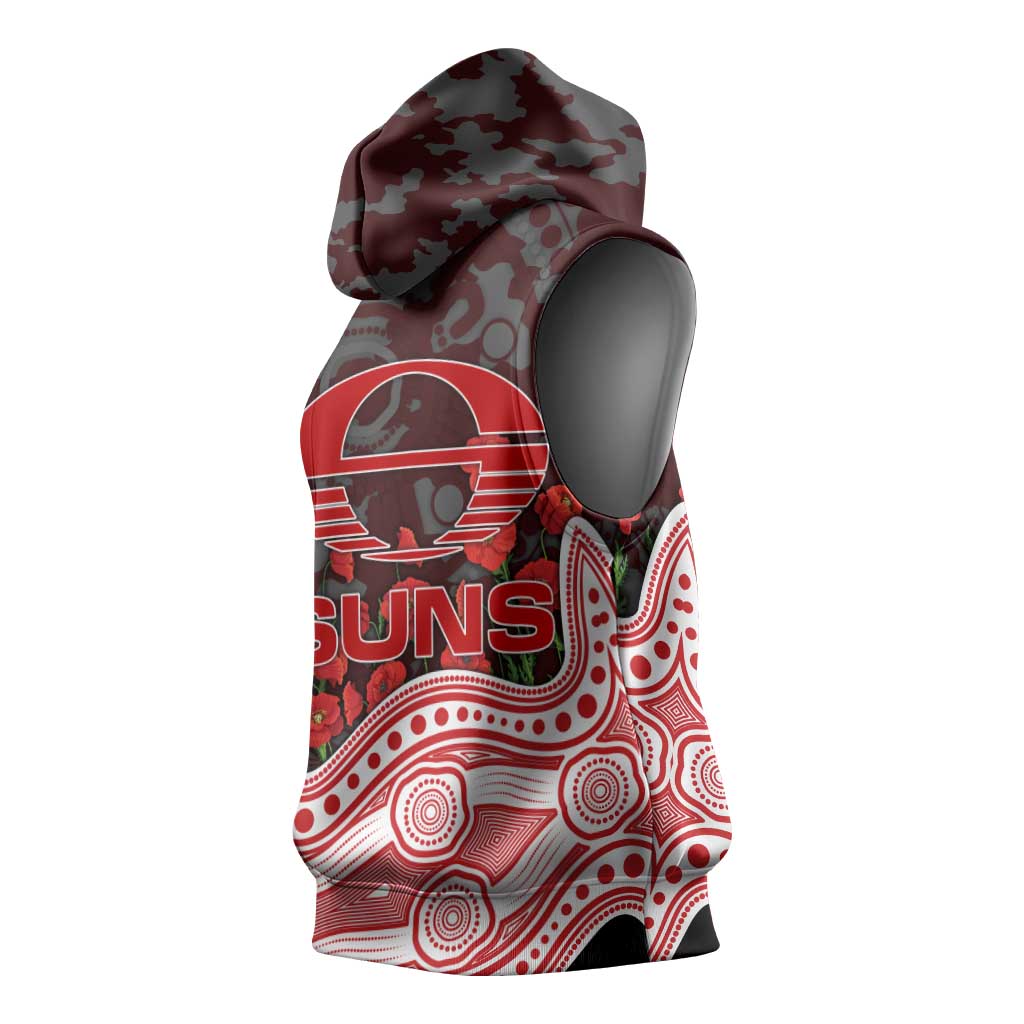 Gold Coast Suns ANZAC Day Sleeveless Hoodie Indigenous Dot Art with Poppy Flower Tribute