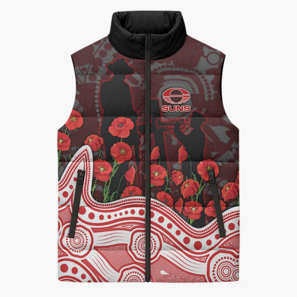 Gold Coast Suns ANZAC Day Sleeveless Puffer Jacket Indigenous Dot Art with Poppy Flower Tribute
