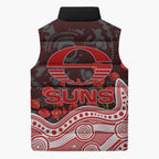 Gold Coast Suns ANZAC Day Sleeveless Puffer Jacket Indigenous Dot Art with Poppy Flower Tribute