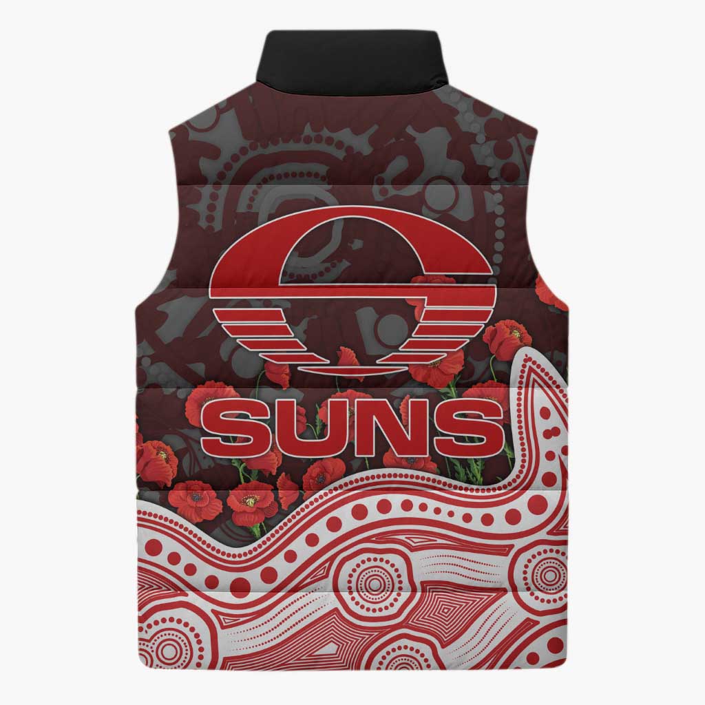 Gold Coast Suns ANZAC Day Sleeveless Puffer Jacket Indigenous Dot Art with Poppy Flower Tribute