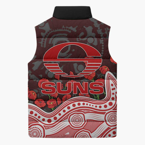Gold Coast Suns ANZAC Day Sleeveless Puffer Jacket Indigenous Dot Art with Poppy Flower Tribute