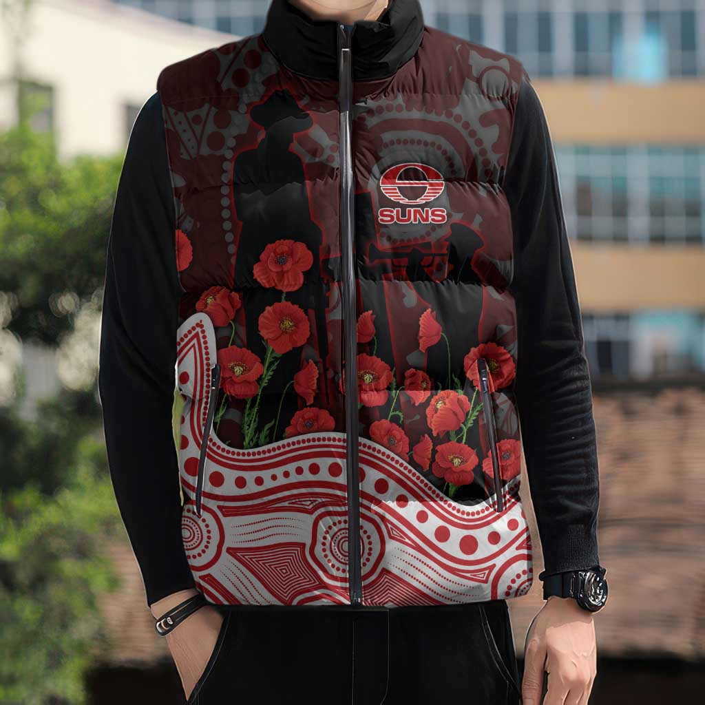 Gold Coast Suns ANZAC Day Sleeveless Puffer Jacket Indigenous Dot Art with Poppy Flower Tribute