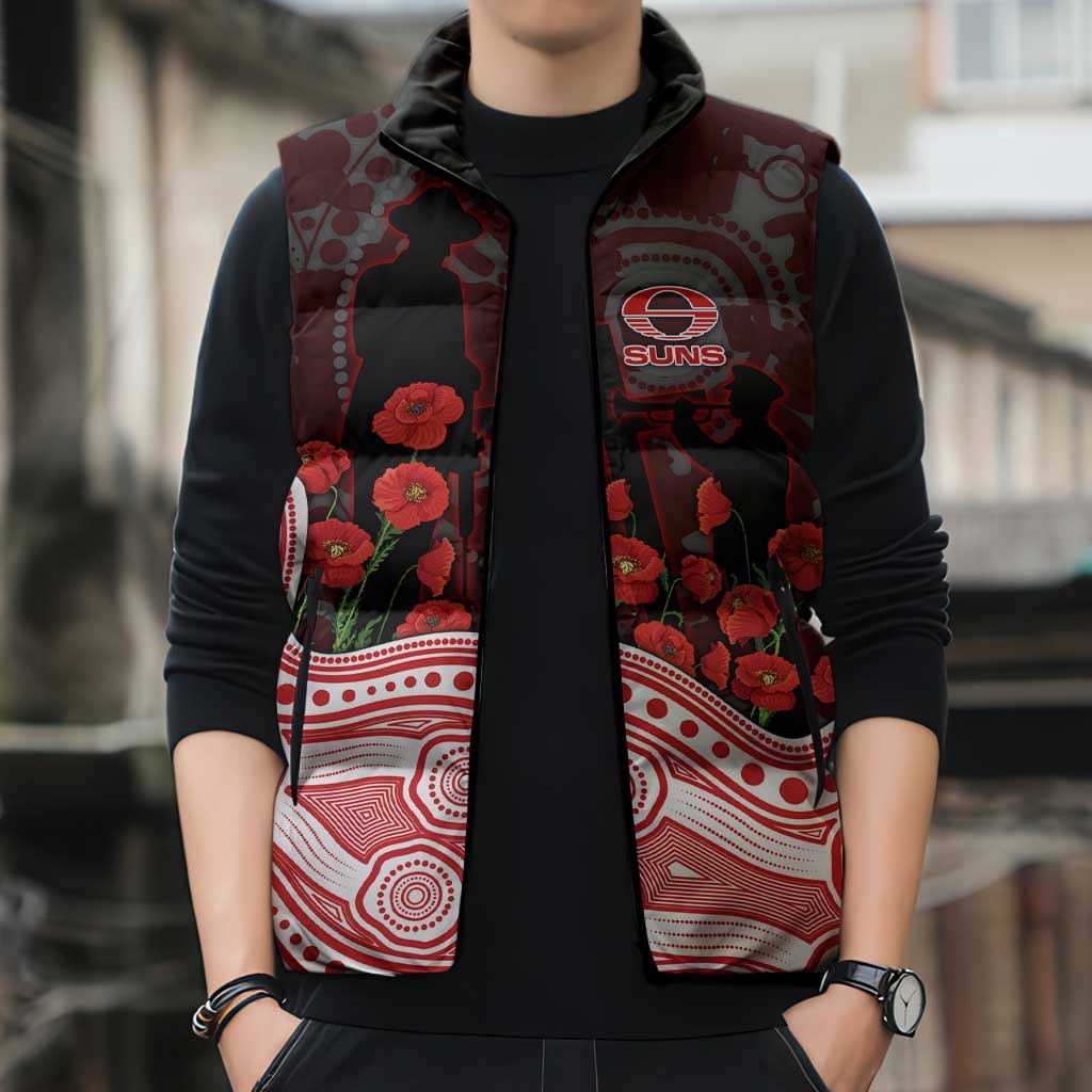 Gold Coast Suns ANZAC Day Sleeveless Puffer Jacket Indigenous Dot Art with Poppy Flower Tribute