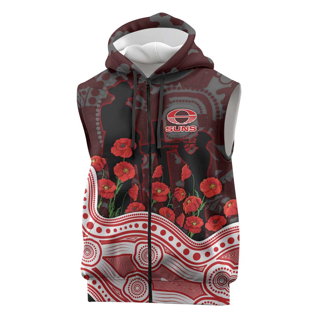 Gold Coast Suns ANZAC Day Sleeveless Zip Hoodie Indigenous Dot Art with Poppy Flower Tribute
