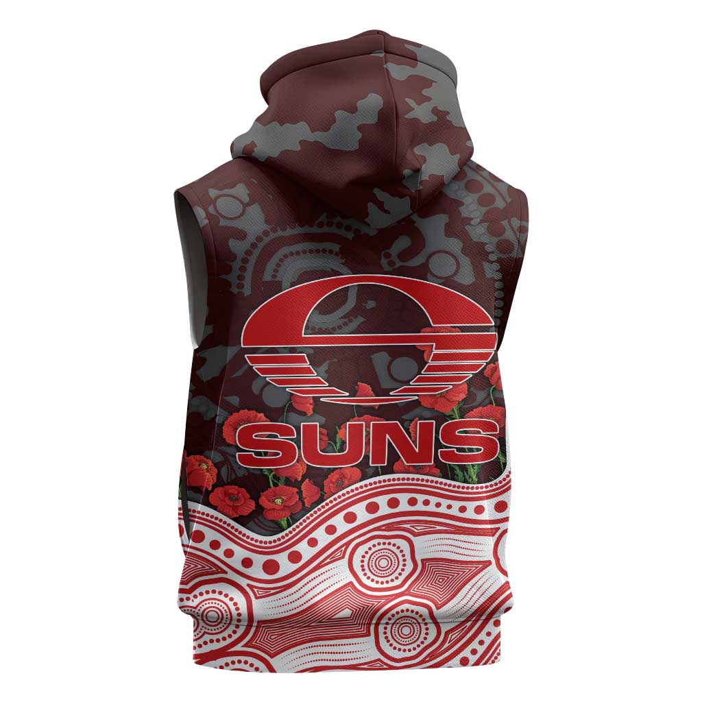 Gold Coast Suns ANZAC Day Sleeveless Zip Hoodie Indigenous Dot Art with Poppy Flower Tribute