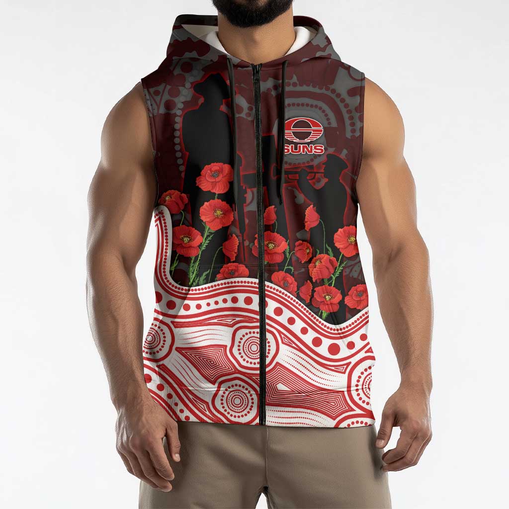 Gold Coast Suns ANZAC Day Sleeveless Zip Hoodie Indigenous Dot Art with Poppy Flower Tribute