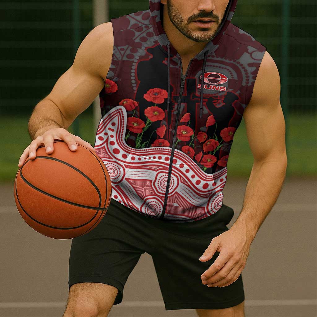 Gold Coast Suns ANZAC Day Sleeveless Zip Hoodie Indigenous Dot Art with Poppy Flower Tribute
