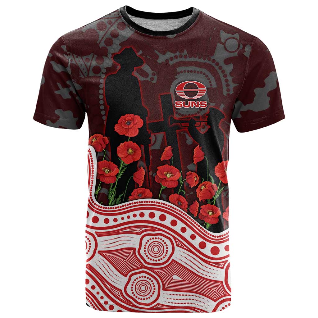 Gold Coast Suns ANZAC Day T Shirt Indigenous Dot Art with Poppy Flower Tribute