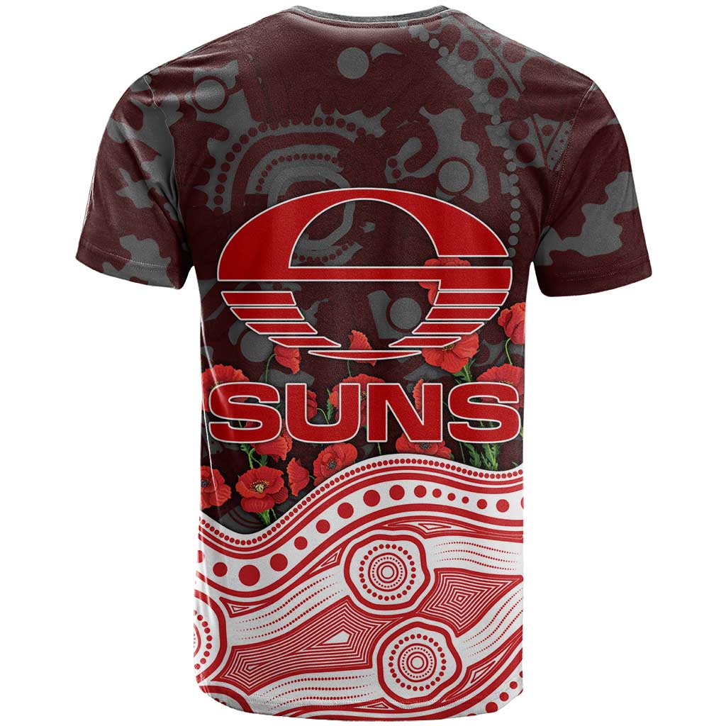 Gold Coast Suns ANZAC Day T Shirt Indigenous Dot Art with Poppy Flower Tribute