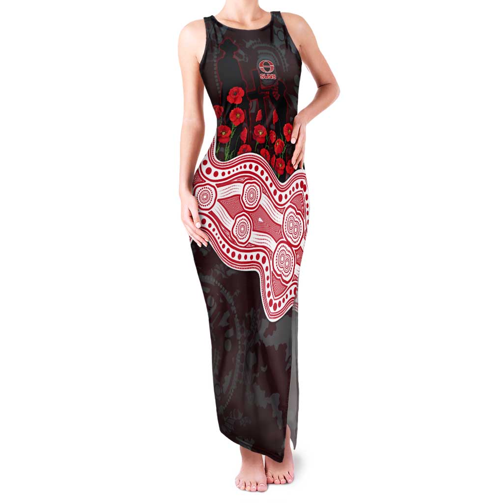 Gold Coast Suns ANZAC Day Tank Maxi Dress Indigenous Dot Art with Poppy Flower Tribute
