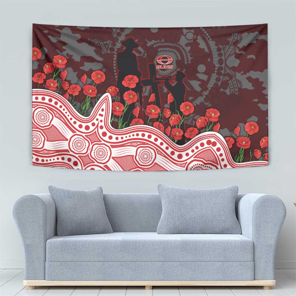 Gold Coast Suns ANZAC Day Tapestry Indigenous Dot Art with Poppy Flower Tribute