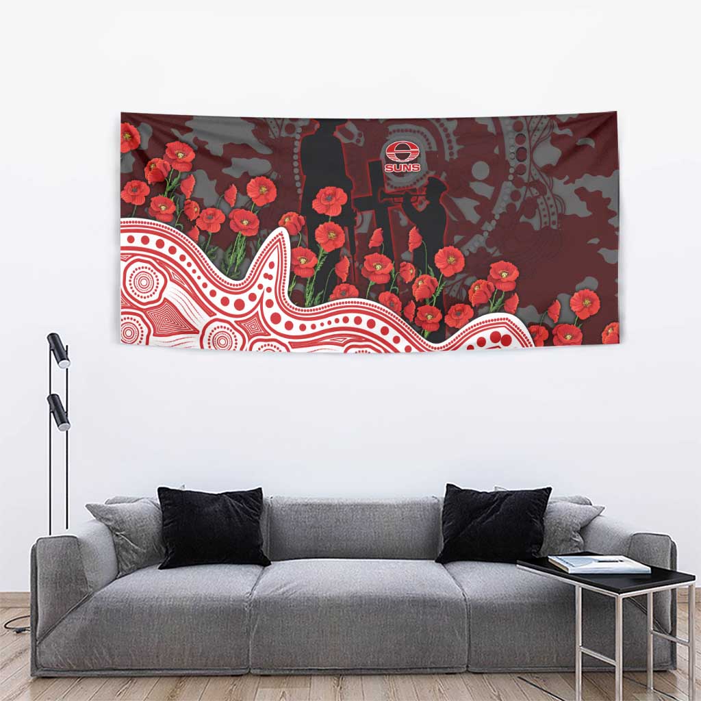 Gold Coast Suns ANZAC Day Tapestry Indigenous Dot Art with Poppy Flower Tribute