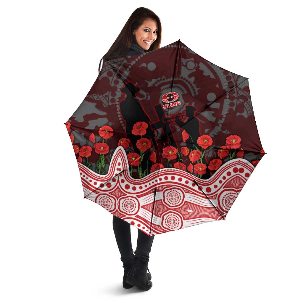 Gold Coast Suns ANZAC Day Umbrella Indigenous Dot Art with Poppy Flower Tribute