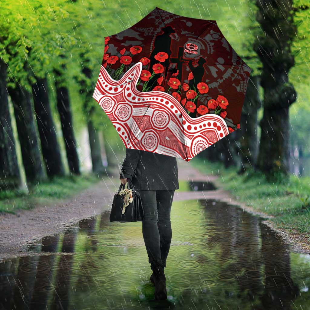 Gold Coast Suns ANZAC Day Umbrella Indigenous Dot Art with Poppy Flower Tribute